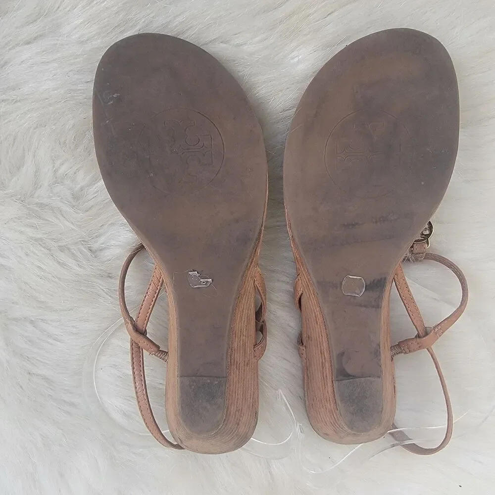 Tory Burch Emmy T-Strap Brown Leather Sandals Sz 6